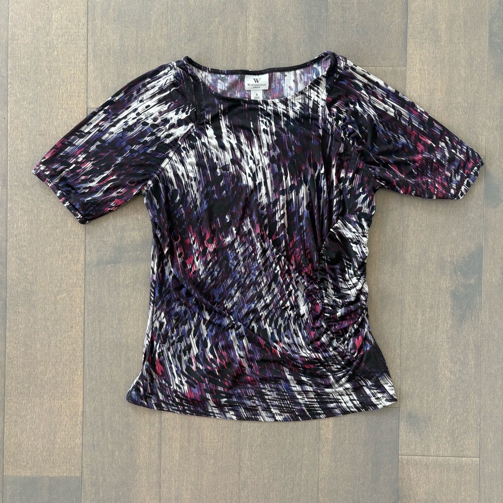 Purple & White Deer Pring Ruched Blouse